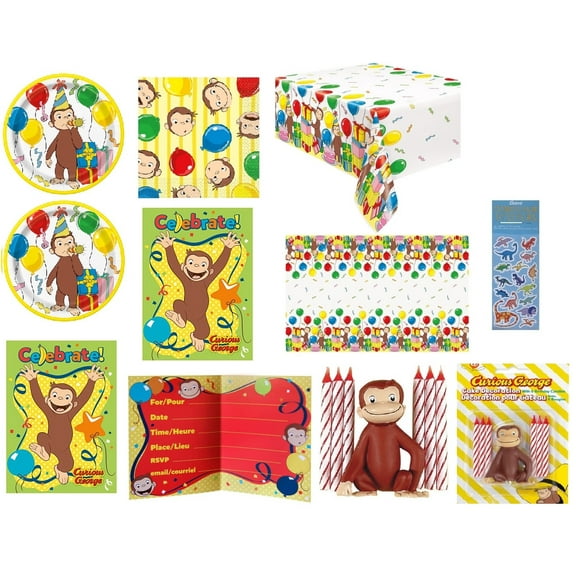 Curious George Birthday Party Supplies Bundle includes 16 Paper Plates 7", 16 Napkins, 1 Table Cover, 1 Cake Decoration with Candles, 16 Invitations, 1 Dinosaur Sticker Sheet