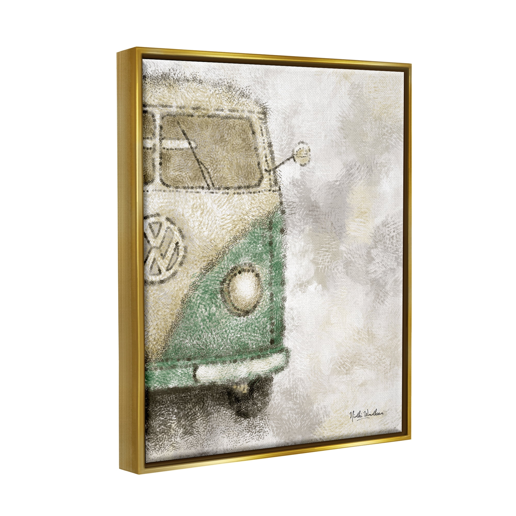 Stupell Industries Abstract Vintage Minibus Transportation Painting Gold Floater Framed Art Print Wall Art, 17 x 21