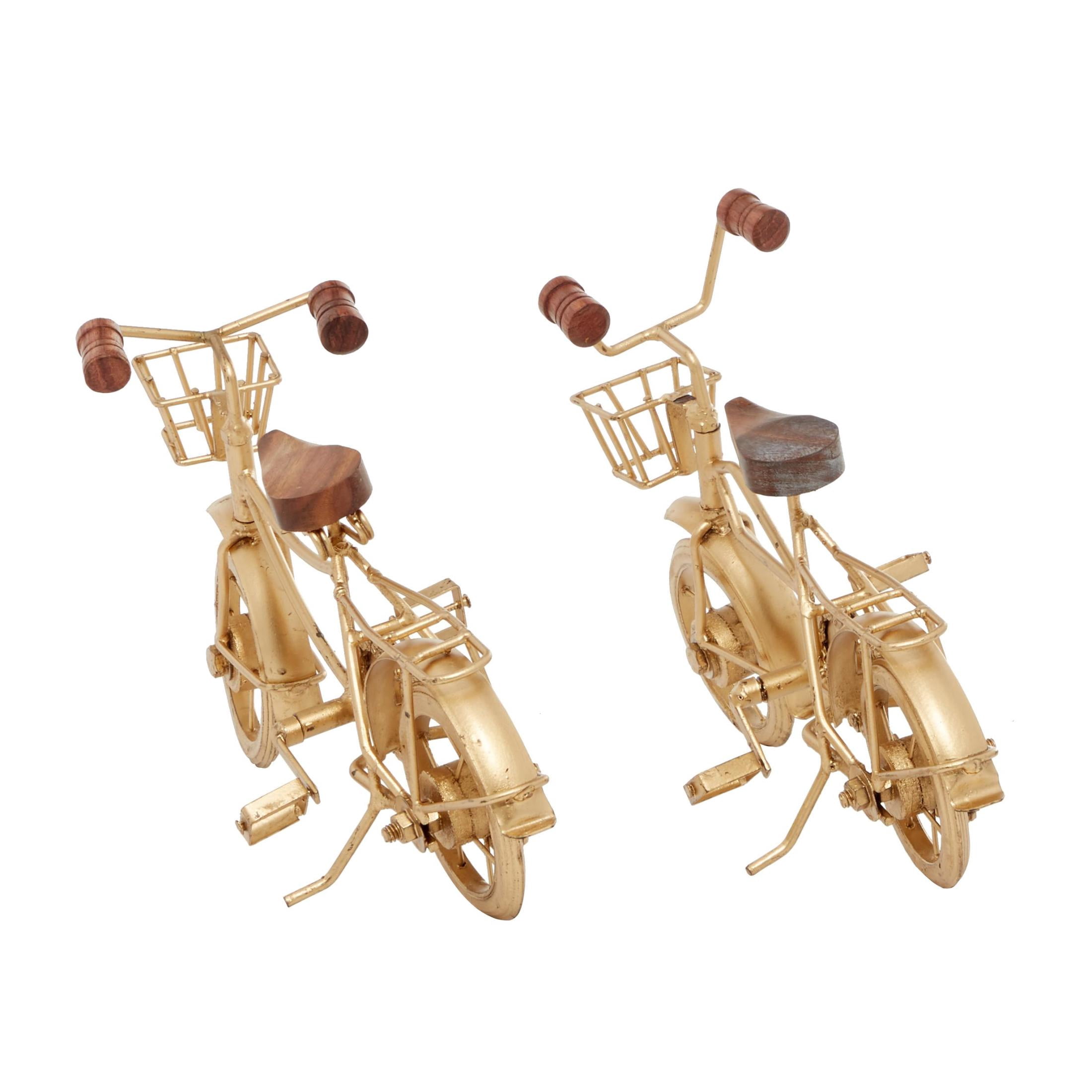 11"W, 8"H Gold Metal Bike Sculpture with Wood Accents, by DecMode (2 Count)