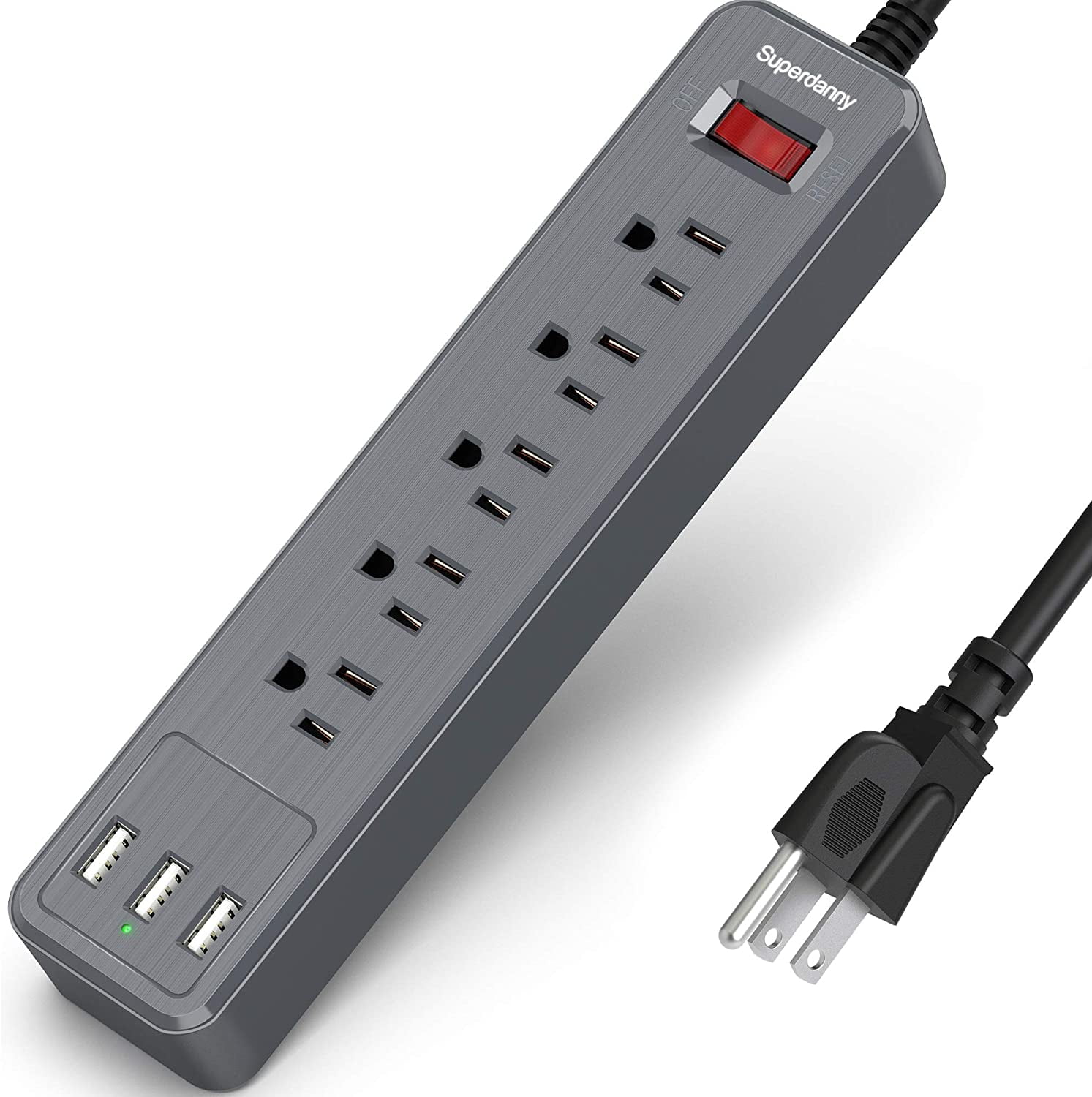 SUPERDANNY Flat Plug 9.8ft 14AWG Extension ... 15A Surge Protector Power Strip