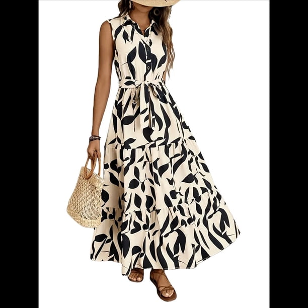 Vestido Maxi Floral de Verano para Mujer, Cuello Abotonado, Cintura Anudada, Volantes Escalonados, Sin Mangas, Estilo Bohemio, Color Albaricoque S