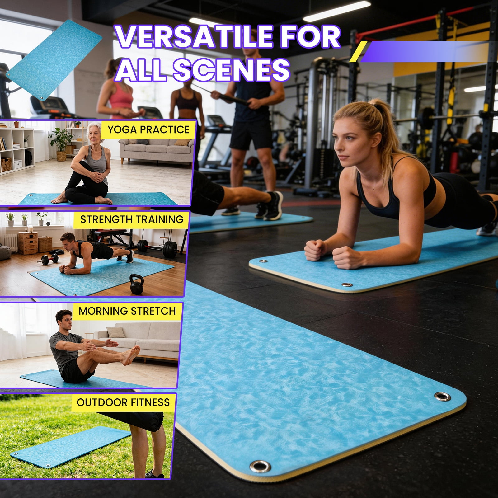 MAROUTE Commercial Grade Hanging Exercise Mat – Durable 5mm Thick PVC Yoga & Workout Mat with Reinforced Holes – Ideal for Home Gym, Pilates, Stretching, Group Fitness – Black