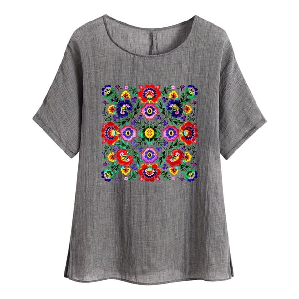 Camiseta de Mujer Camiseta de Manga Corta Impresión Casual Raglan Suelto de Lino Top Blusas, Cuello de la Tripulación