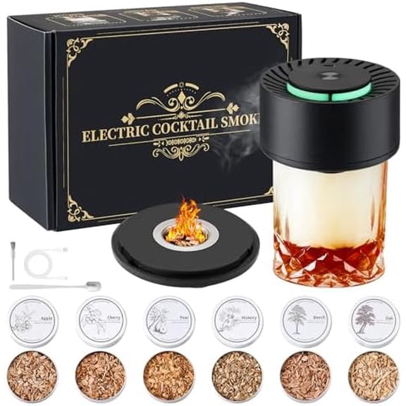Electric Whiskey Smoker Kit with 6 Wood Chips, Built-in Lighter, 3-Color Ambient Light, Gift for Men.