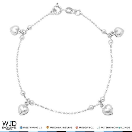 925 Sterling Silver Puffed Hearts Bead Ball Chain Charm Bracelet 7