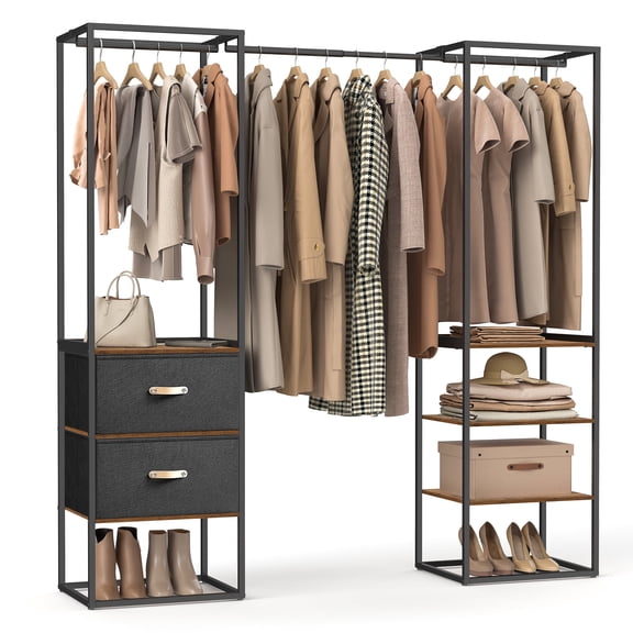 Clothes Rack, 70.9 Inch Wardrobe Freestanding Closet, Heavy Duty Garment Rack with 1 Extendable Hanging Rod Rustic Brown