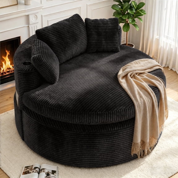CANVORA Oversized Round Chair Lounge Chaise, 58'' Corduroy Sofa Bed, Black
