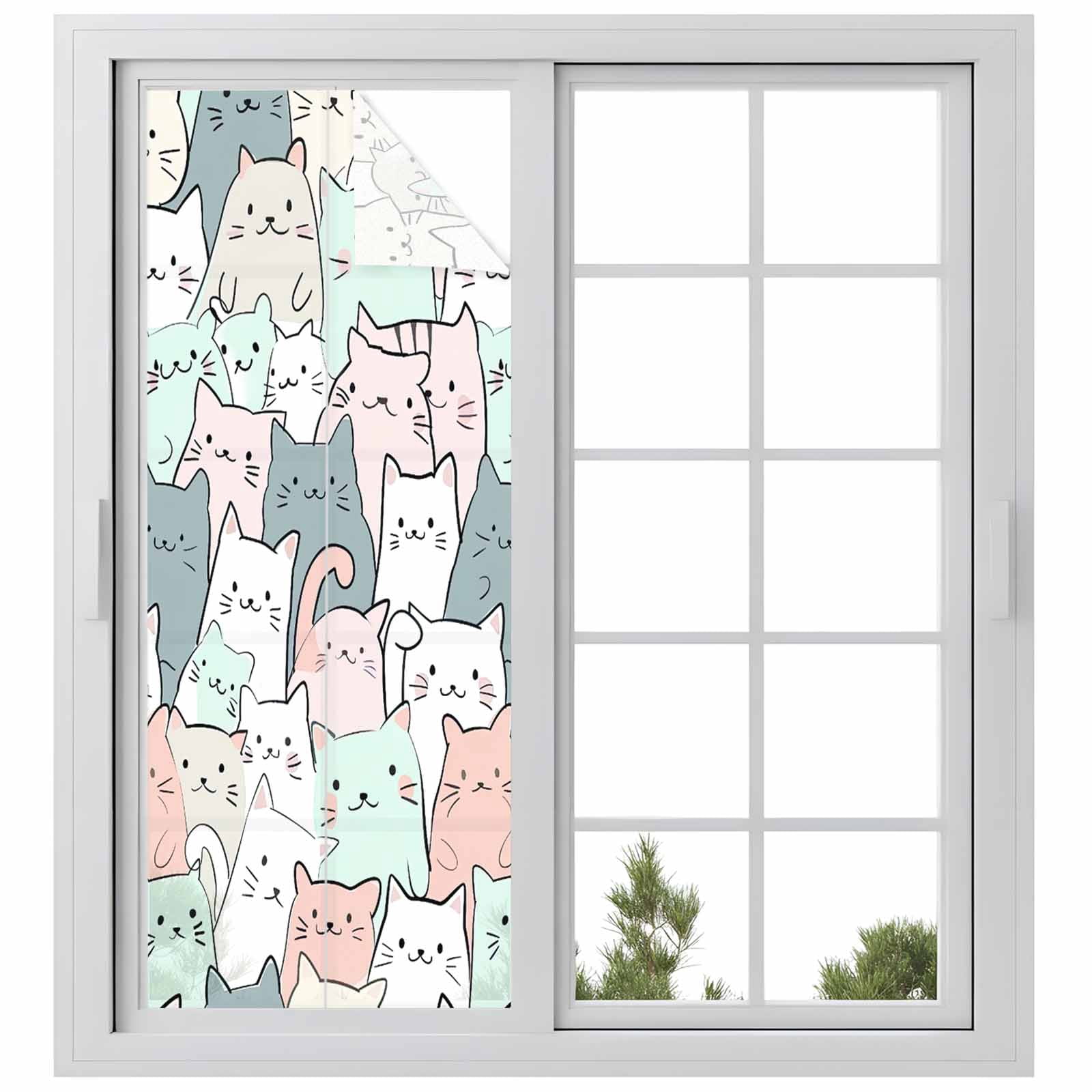 Cartoon Cat Window Privacy Film, Funny Cute Colorful Animal Pet Static Cling UV Sun Blocking Tint Film Heat Control Windows Films for Bedroom Bathroom, Window Stickers 23.6"x59"