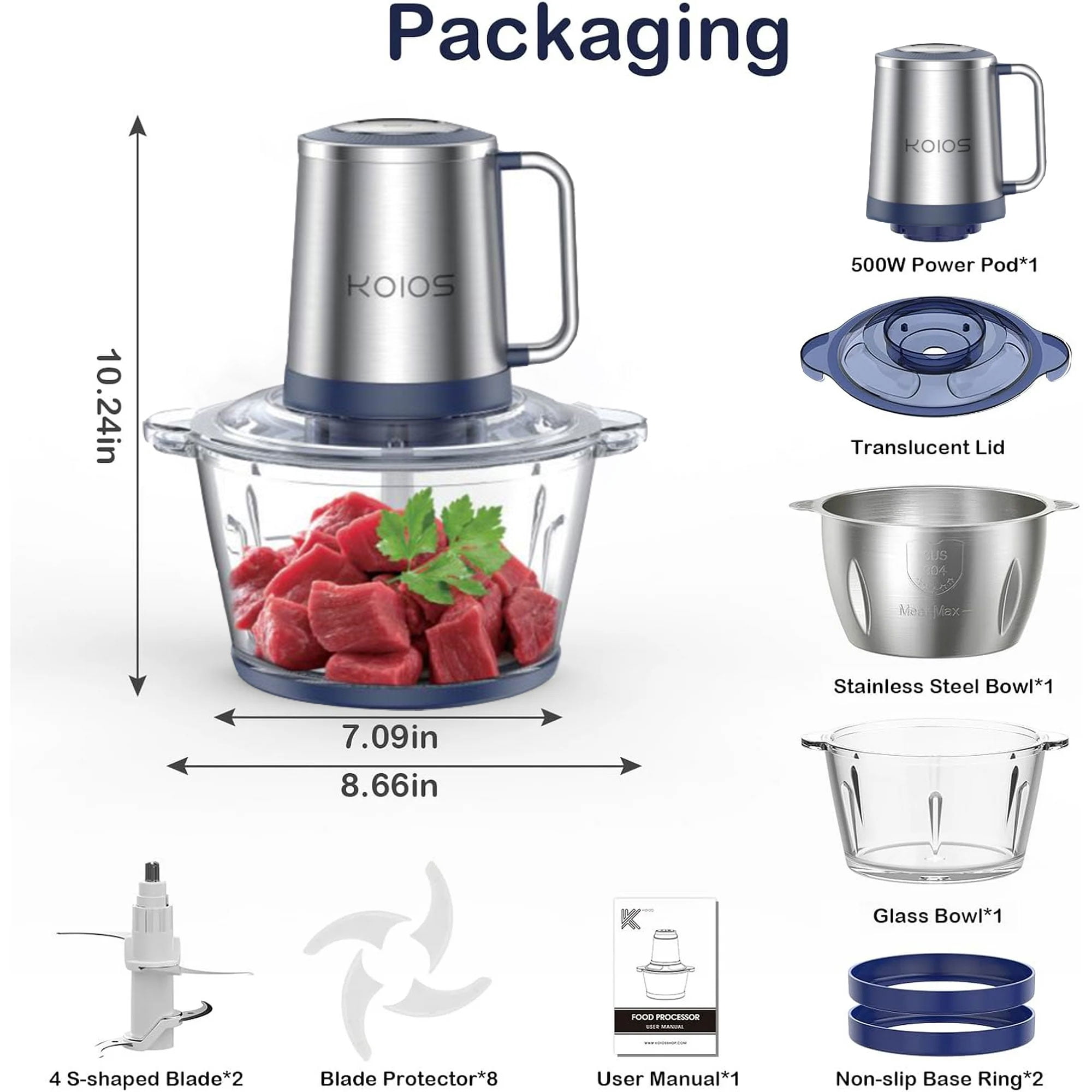 Food Processor, 500W Electric Meat Grinder Food Chopper with 8 Cup Bowls & 1 Bi-Level Blades, 2 Speed Kitchen Cutter for Vegetable, Onion, Garlic, Meat, Nuts, and Baby Food, Blue