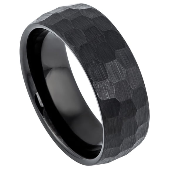 Custom Personalized Engraving Wedding Band Ring Set for Him & Her - 8mm Black IP Plated Brushed Hammered Center