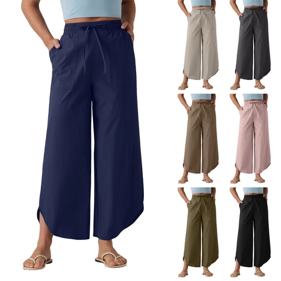 Laqbezok Women's Waterproof Cargo Pants, High Waist Drawstring Wide Leg Cropped Trousers with Pockets for Hiking Travel Outdoor Vacation