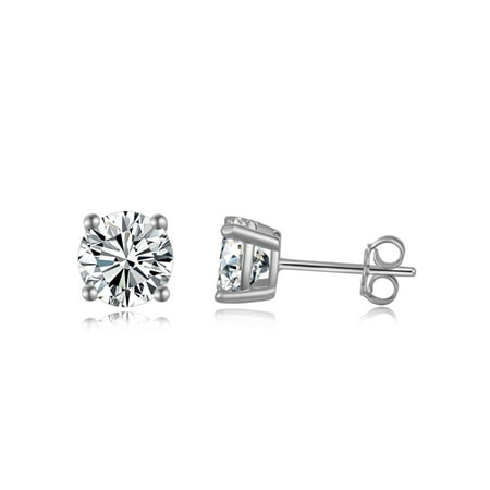 Sterling Prong - Emma Manor Gold Plated 925 Sterling Silver 4 Prong 7mm Round Cut Cubic Zirconia Stud Earring