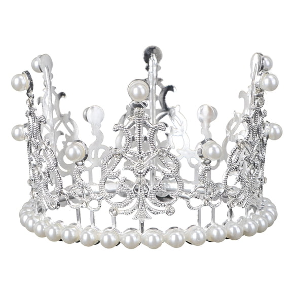 EeaseCA Crown Cake Topper Decoration with Rhinestones and Pearls Vintage Style Royal Centerpiece Headband Crown for Party Wedding(Silver)