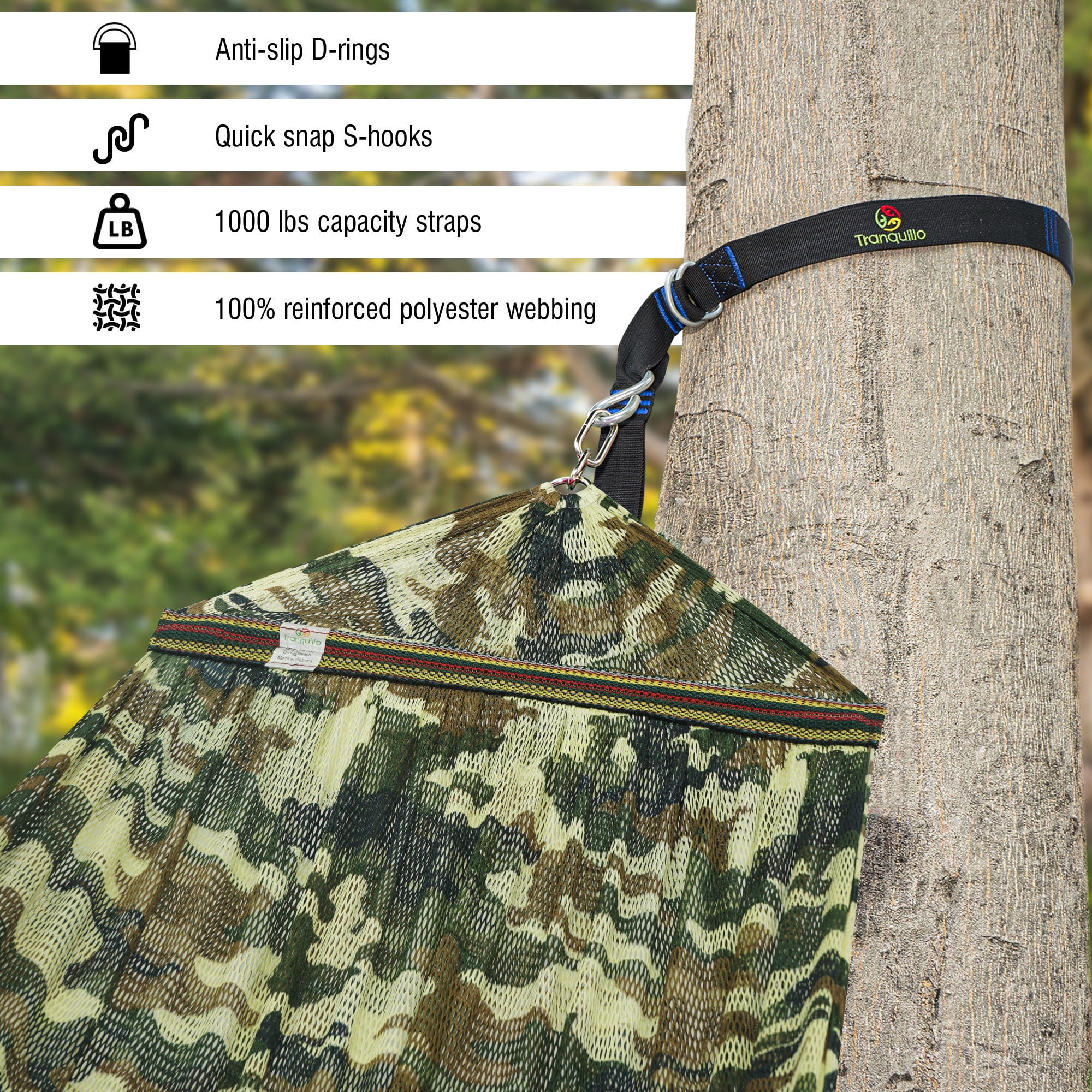 Tranquillo Uniki Double Hammock 2 Persons Polyester 550 lbs Capacity Hammock and Tree Straps, Camo