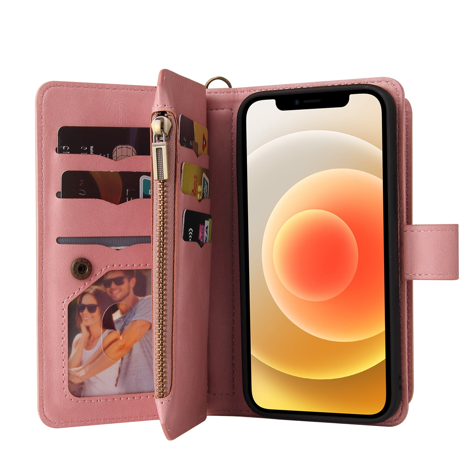Wallet Case for iPhone 12 / 12 Pro, Magnetic Zipper Pouch Premium PU Leather with Kickstand Wallet Flip Shockproof Phone Case Wrist Strap Card Slots Holder Pocket iPhone 12 / 12 Pro,
Pink
