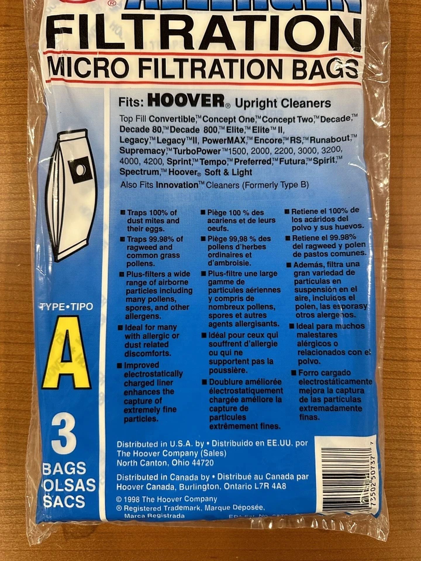 Genuine Hoover Type A Bags Allergen Filtration Fits Upright Cleaners. 3 Pack Nos
