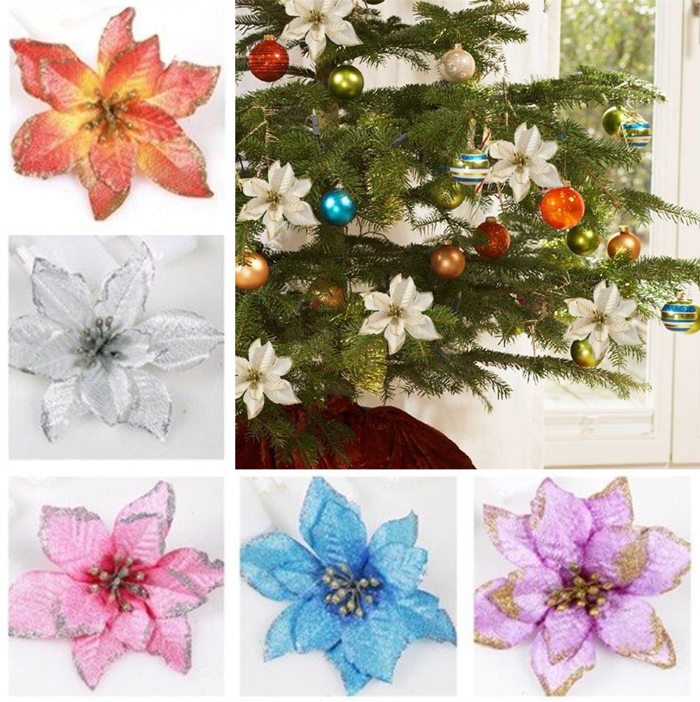 8PCS Artificial Glitter Christmas Flowers Xmas Tree Decorations Wedding Party