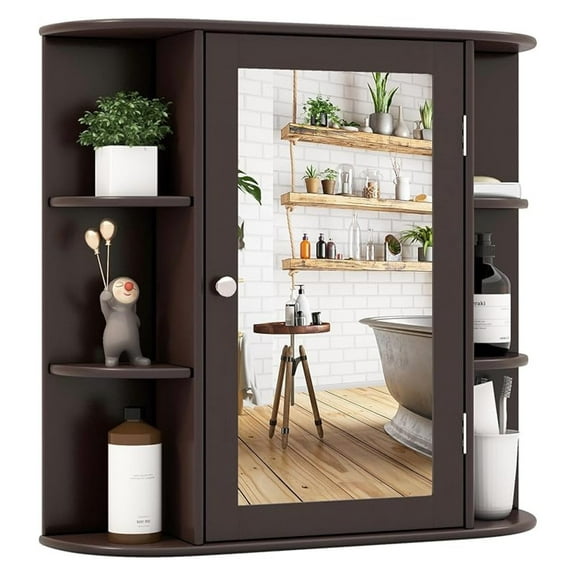 WDZS Bathroom Medicine Cabinet with Mirror, Wall Mounted Home Storage with Door & 6 Open Shelves, Adjustable Shelves, Mirrored Bathroom Wall Cabinet (Coffee)