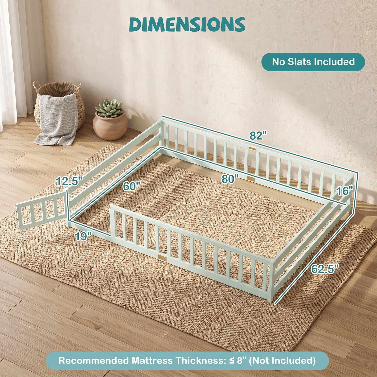 Furnibear Queen Bed Frame, Montessori Floor Bed with Full Length Safety Guardrails and Lockable Gate, Queen Wood Floor Bed for Kids Room, Mint Green