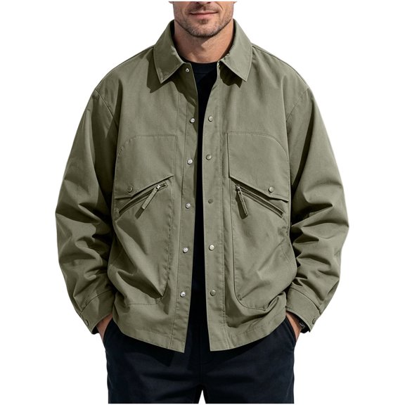 LODIENY Mens Big and Tall (M-5XL) Jacket Classic Fit Collared Outdoor Windbreaker Relaxed Fit Snap Button Coat with Zipper Pockets Army Green L