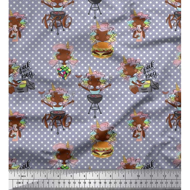 Soimoi Moss Georgette Fabric Dot,Text & Unicorn Girl Cartoon Decor Fabric Printed Yard 42 Inch Wide