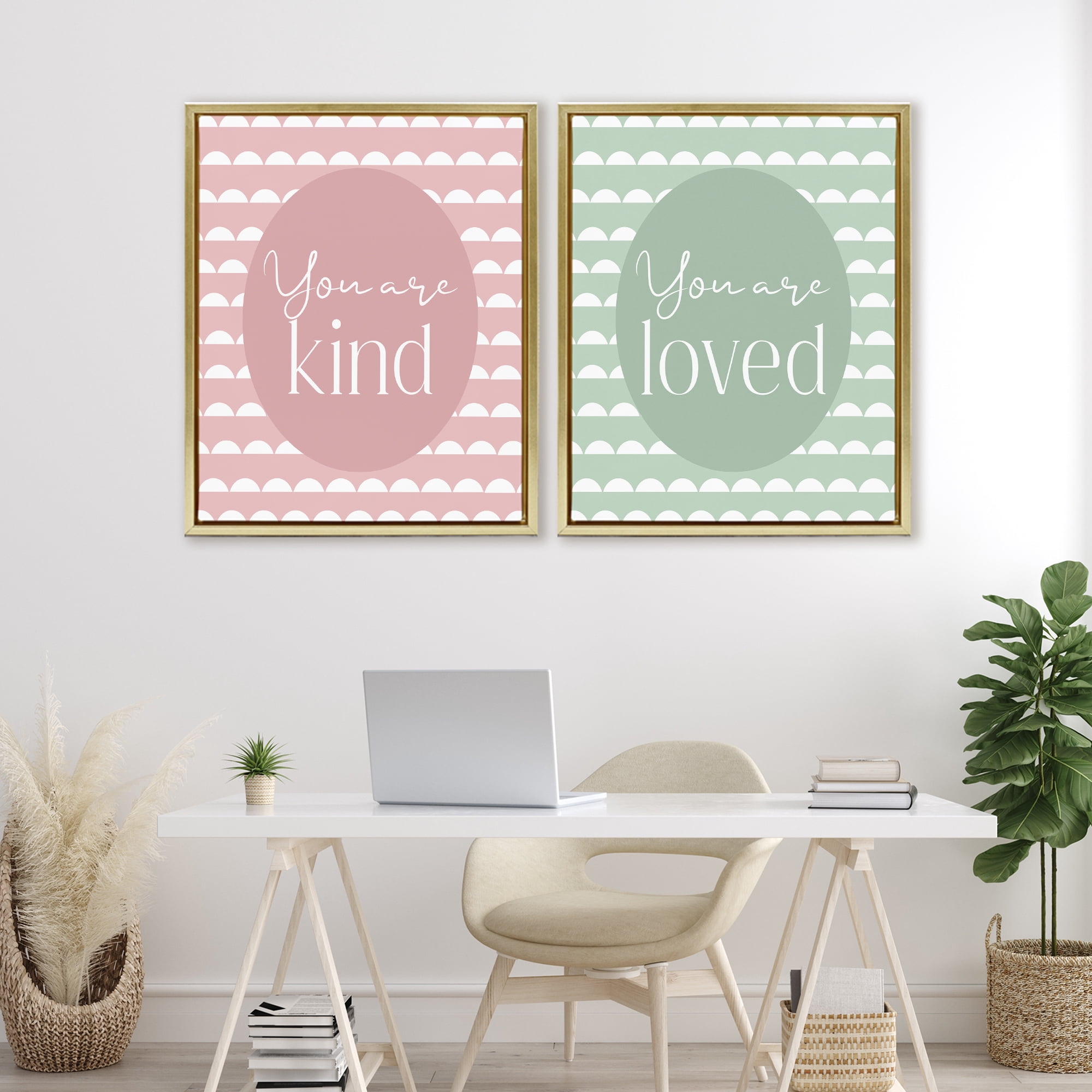 Stupell Industries Pastel Kind & Loved 2 Piece Gold Framed Floater Canvas Set, design by Christine Simpson Art