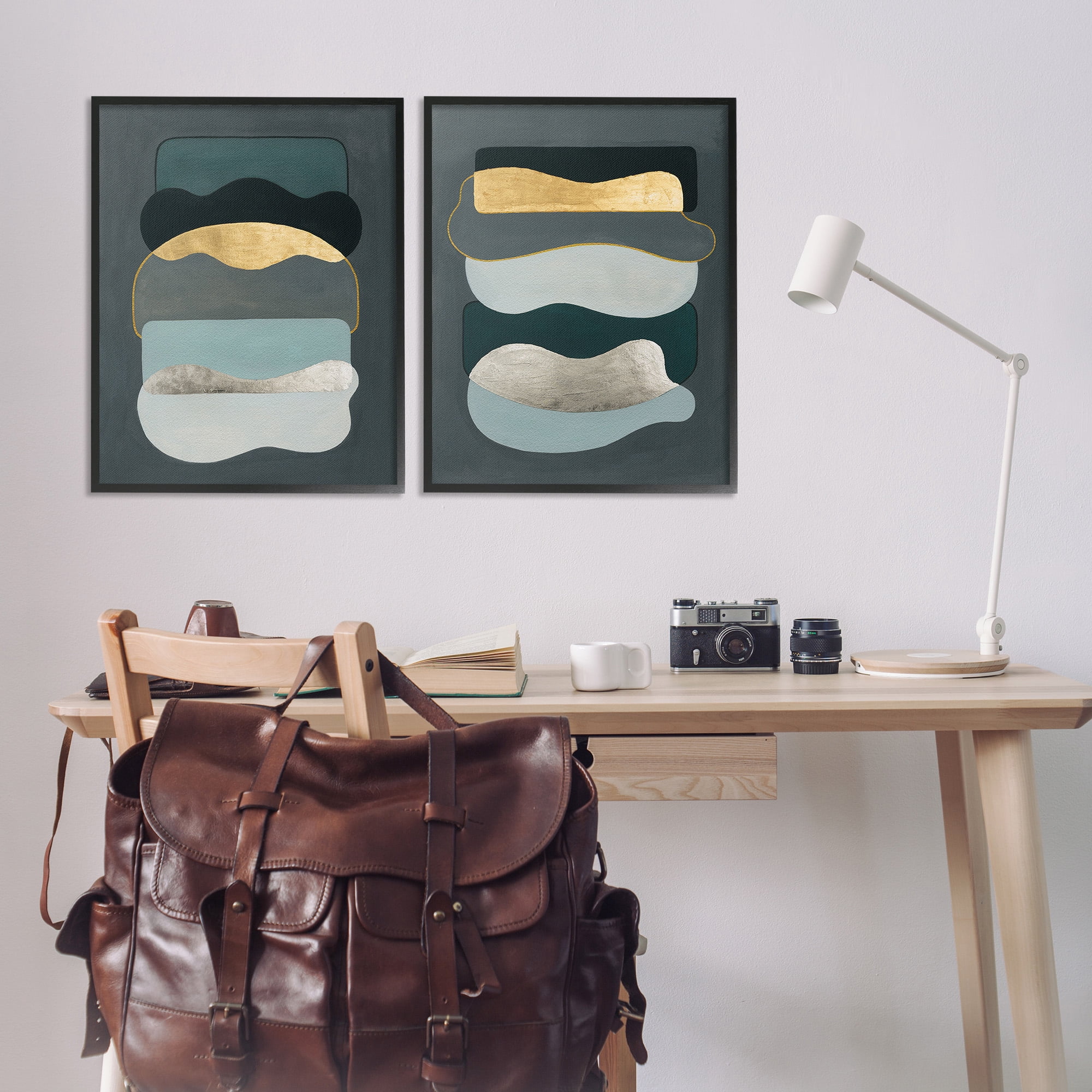 Stupell Industries Shapes with Glam Details Abstract Painting Black Framed Art Print Wall Art, 24 x 30, Set of 2