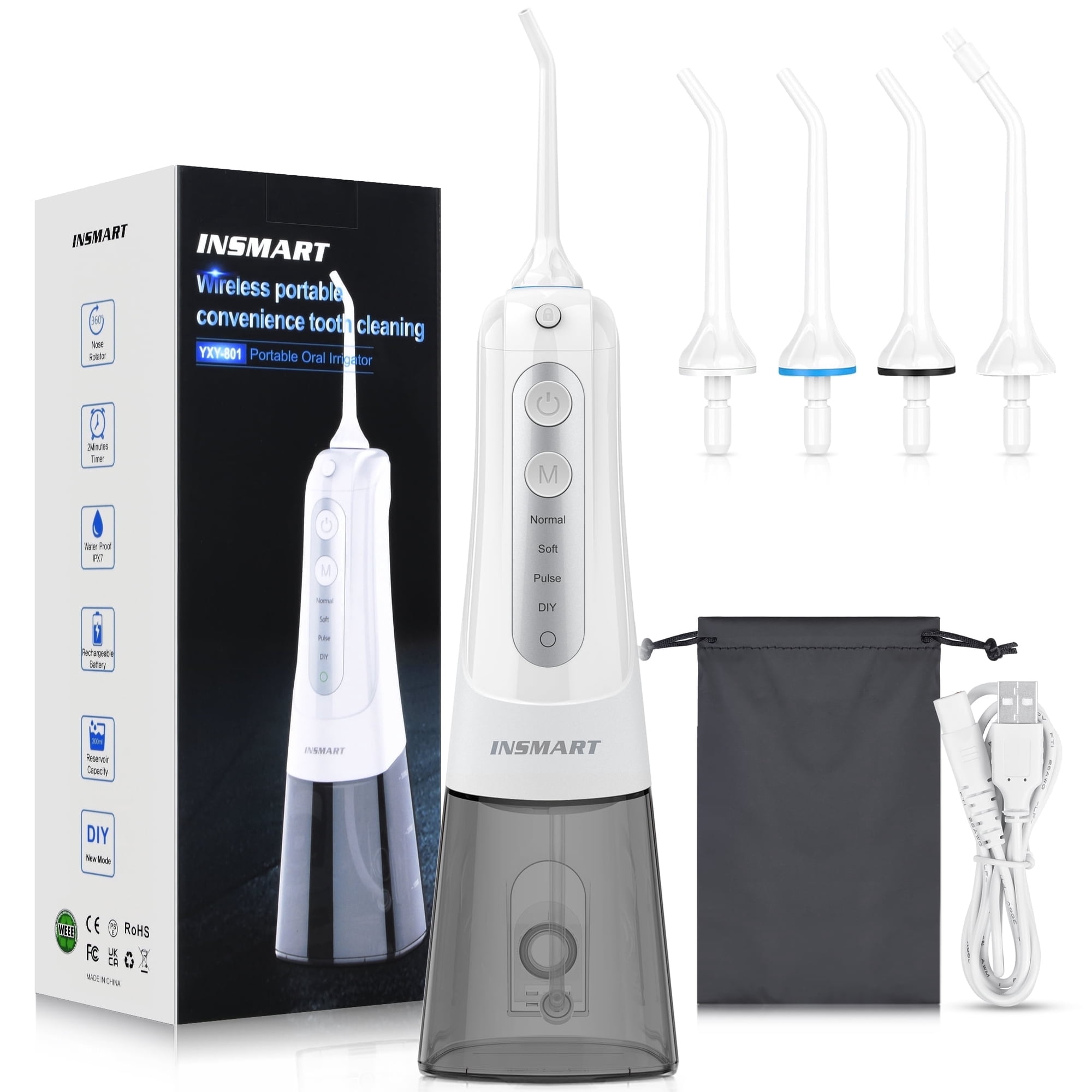 Cordless Water Flosser for Teeth INSMART Portable Rechargeable Teeth Cleaner with DIY Mode RGB Light 4 Jet Tips IPX7 Waterproof Dental Oral Irrigator