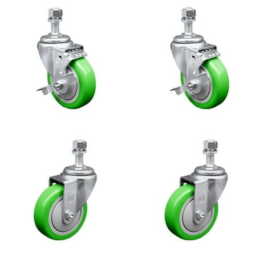 4 Inch SS Green Polyurethane Swivel 12mm Threaded Stem Caster Set 2 Brake SCC