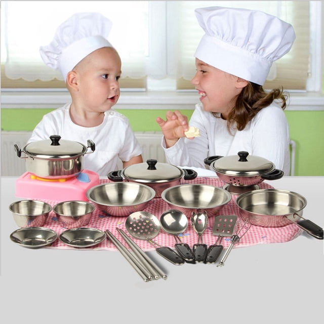 20Pcs Stainless Steel Pots Pans Cookware Miniature Toy Pretend Play Gift For Kid