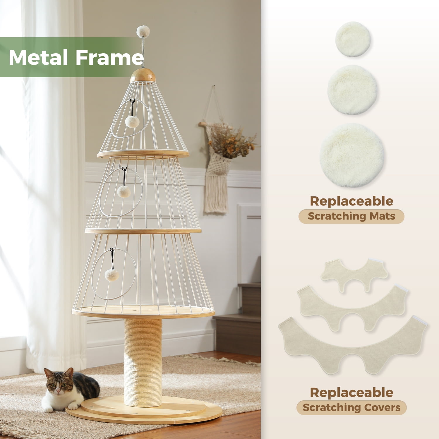 Pefilos 51" Modern Wood Cat Tree Tower, Cat Christmas Tree w/Thick Scratch Post(φ5.4in), 3 Condos-Heavy Duty Furniture w/Metal Frame & Replaceable Mat, White