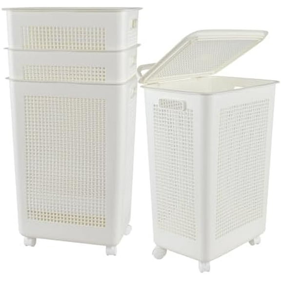 4-Pack 65 L Plastic Laundry Hamper with Wheels, Large Clothes Laundry Basket with Lid, White