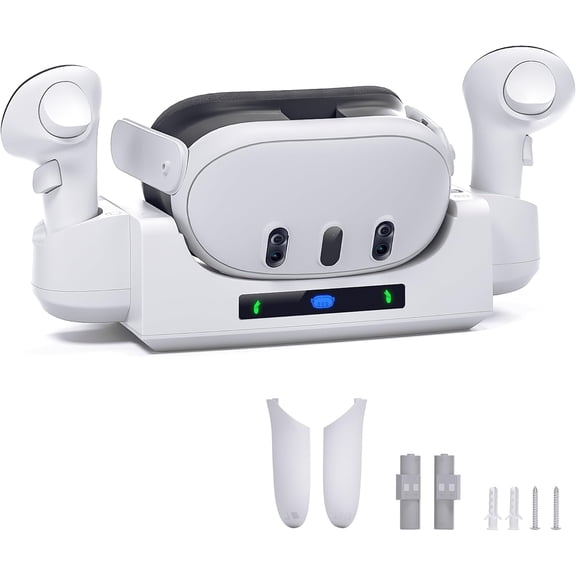 Charging Dock for Quest 3, 2-in-1 Charging Station with Desktop Stand and Wall Mount Modes for VR Headset and Controllers, Charging Stand Accessories with Rechargeable Batteries