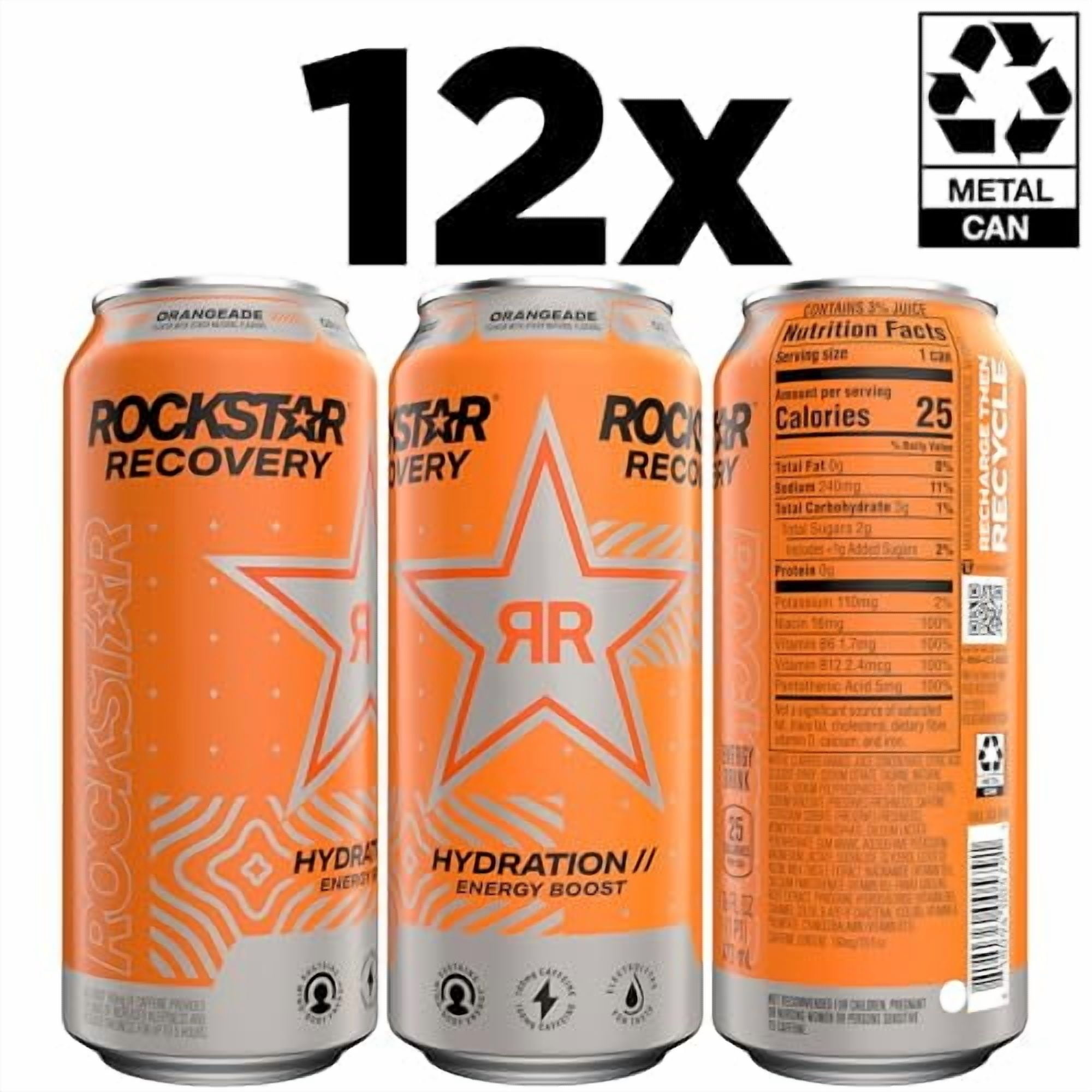 Rockstar Energy Drink with Caffeine Taurine and Electrolytes Recovery Orange 16 Fl Oz Pack of 12