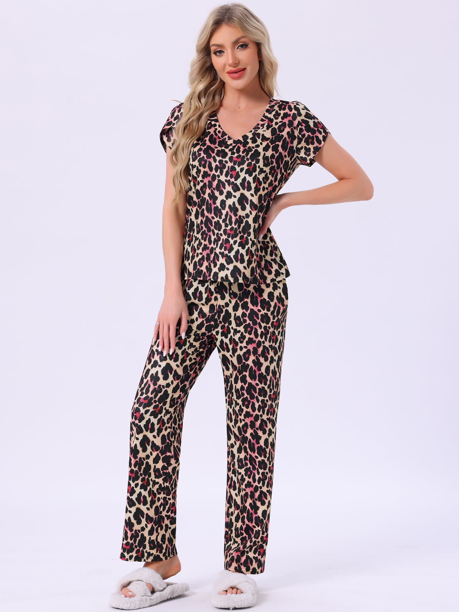 DARING DIVA Pajamas V Neck Top Drawstring Pants Sleepwear Lounge Sets S Leopard