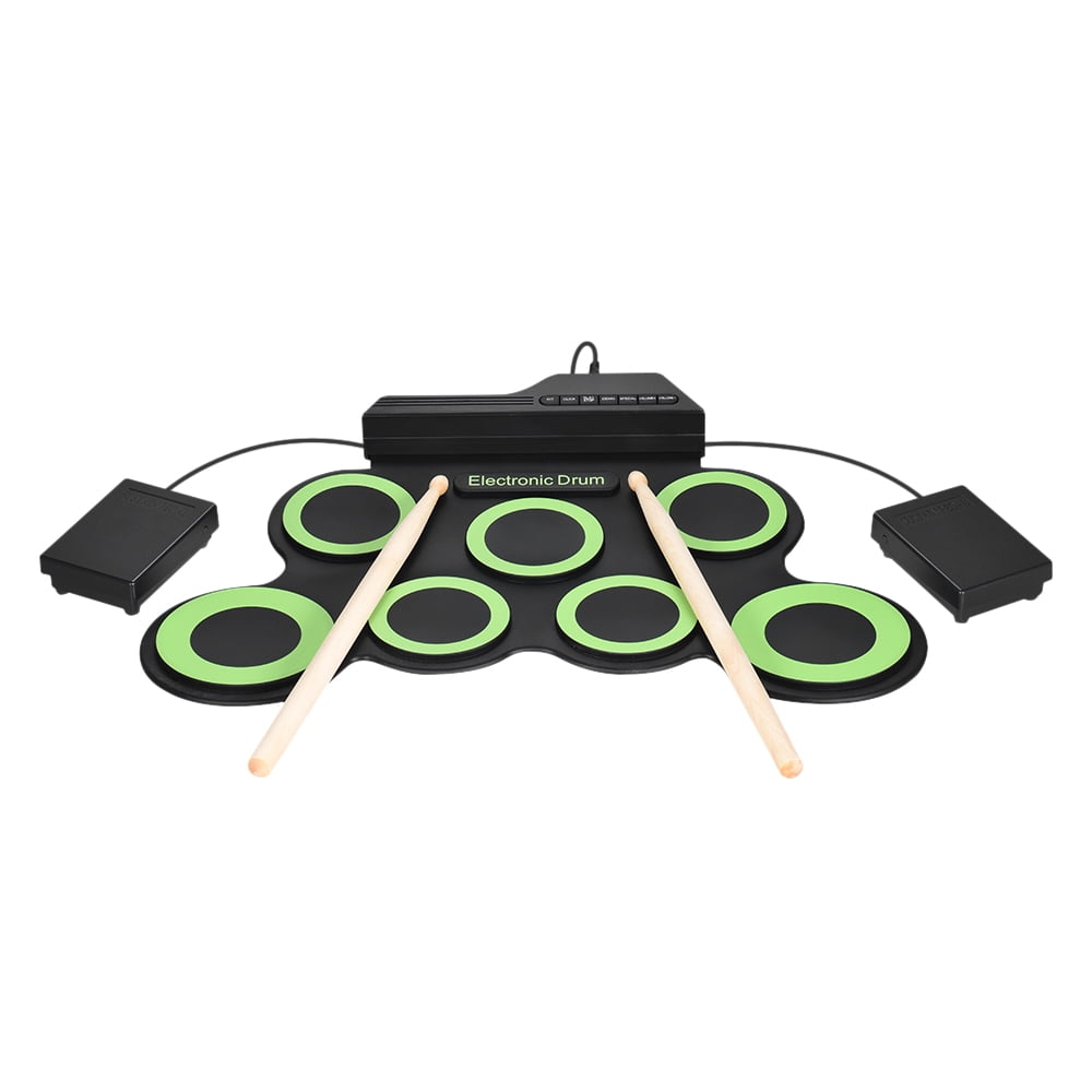 Foot Pedals for Practice Starters Kids Digital Foldable Roll-Up Drum Flexible Silicone Pad Set Instruments Built in Speaker Headphone USB MIDI Jack with Drum Sticks Electronic Drum Kit 