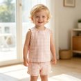thumbnail image 5 of FINALGANG Girls Kids Summer Casual Two Piece Outfit With Round Neck Sleeveless Gingham Checkered Top Elastic Waist Shorts For Toddler Daily Play Wear Versatile Set, 5 of 8