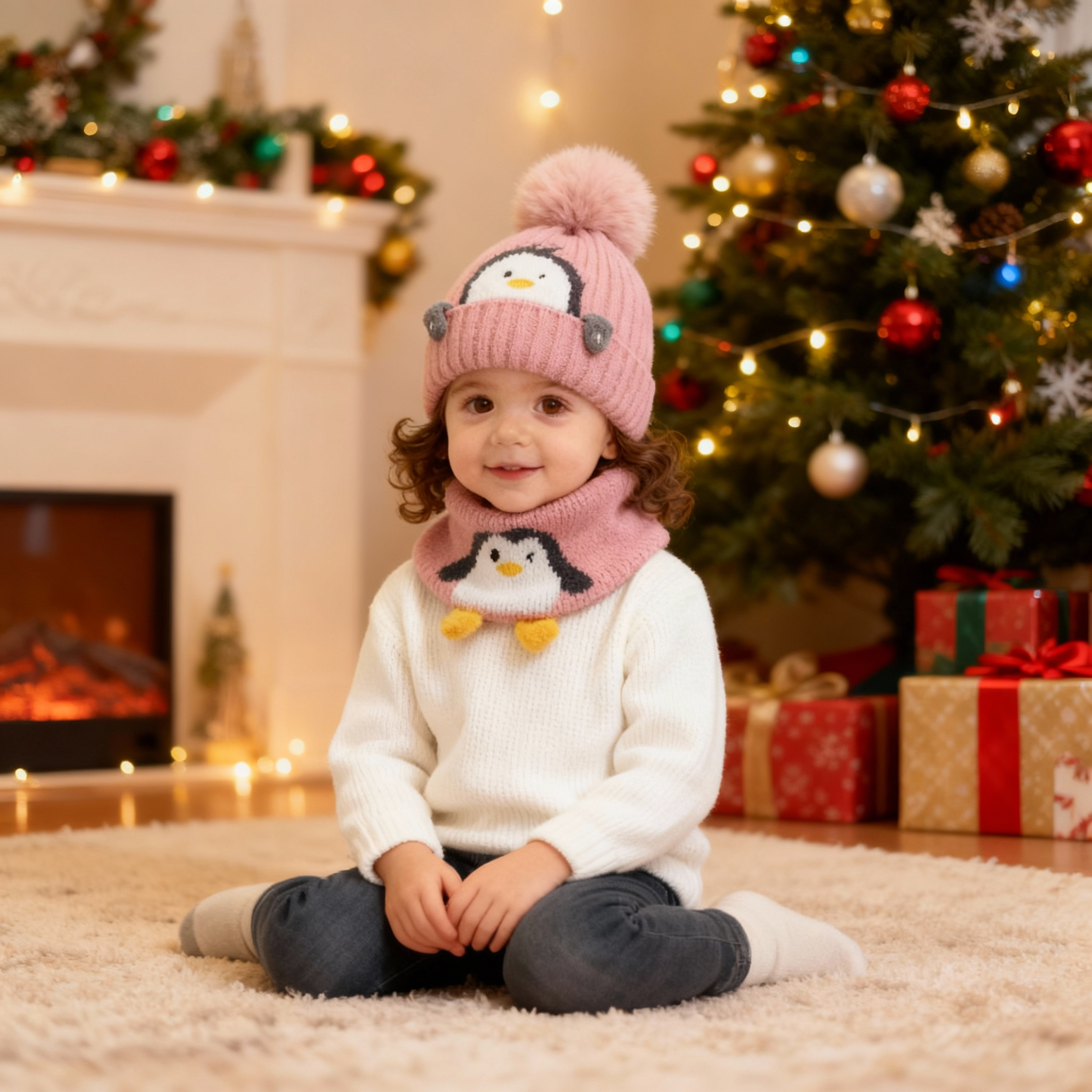 Baby Kids Winter Warm Hats, Infant Toddler Children Pom Pom Beanie Knit Cap Girls Boys-2 piece