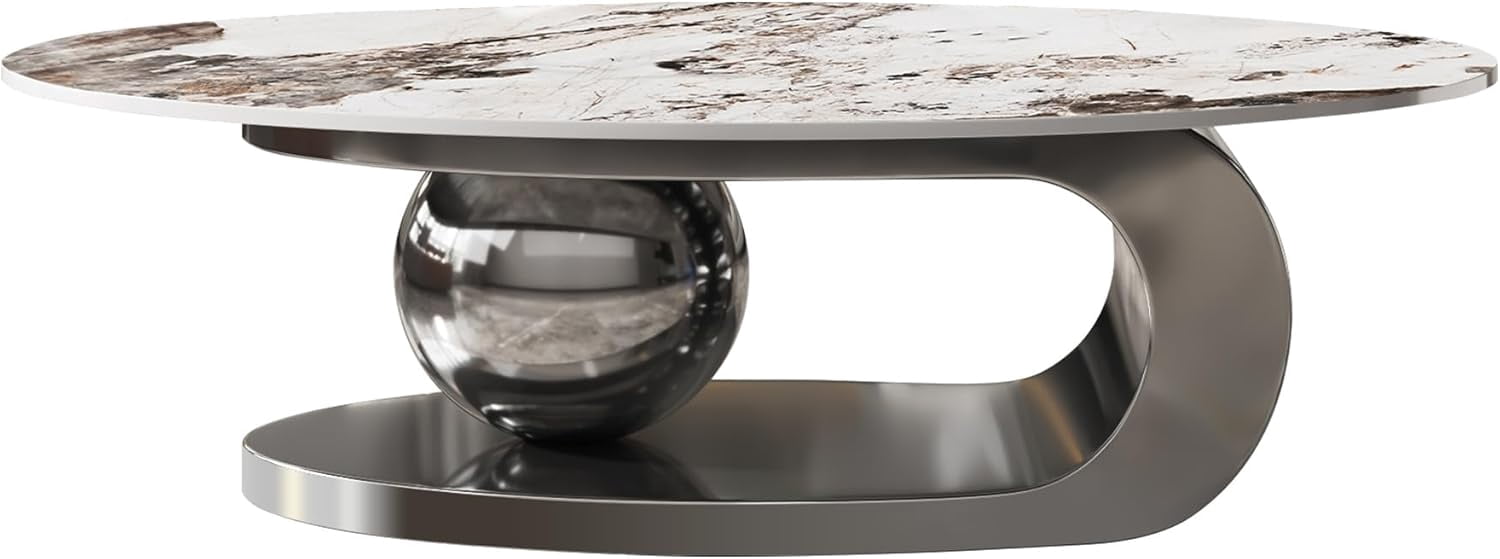 49.2" Modern Oval Marble Coffee Table – Gray Stainless Steel Base, Scratch-Resistant, Easy Assembly