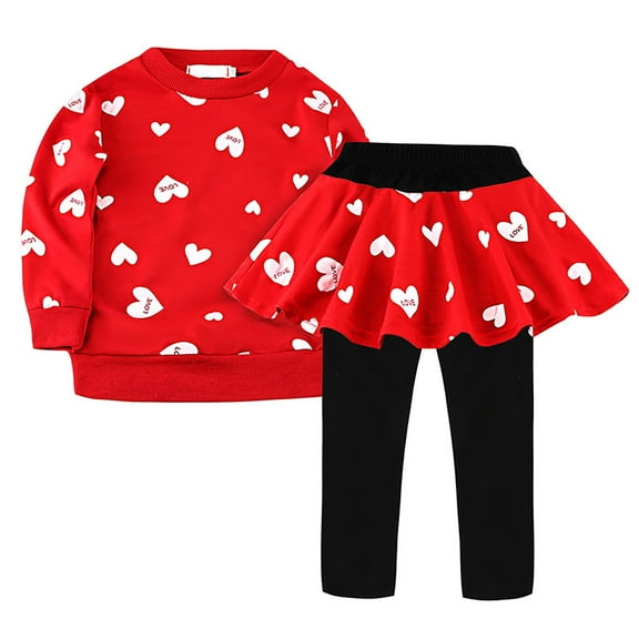 Huowey Little Girls Cute Valentines Tracksuit Love Heart Print Crewneck Pullover Sweatshirt Wide Leg Pants With Skirt Outfit 2Pcs For Toddlers Kids Sweatsuits Fashion Streetwear,Red,2-3 Years