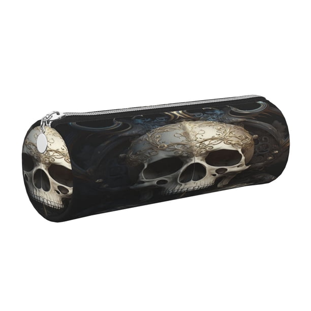 Disketp Gold Pattern Skull Estuche Organizador de Lápices de Cuero, Estuche de Oficina con Cremallera para Bolígrafo y Lápiz