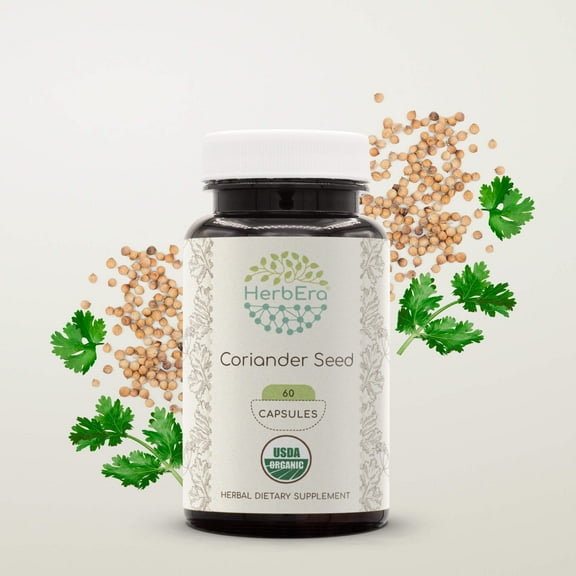 HerbEra Coriander Seed Capsules, Organic Herbal Dietary Supplement for Digestive Support, Certified Organic Coriander Seed (Coriandrum sativum) Dried Seed Capsules, Natural, 60 Capsules