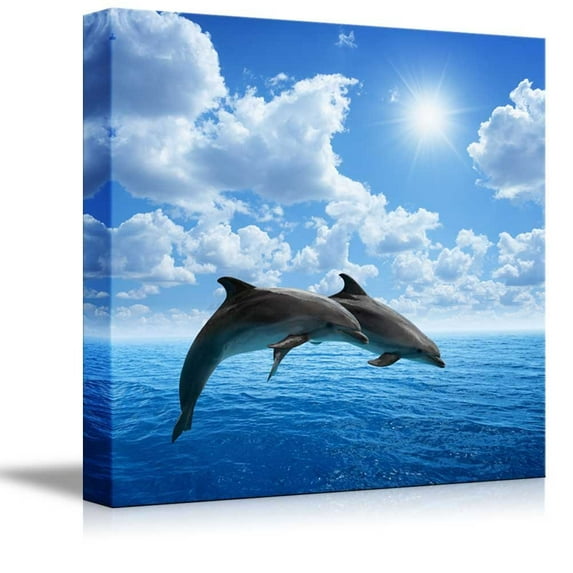 Canvas Prints Wall Art - Two Dolphins Jumping on the Clear Blue Sea/Ocean | Modern Wall Decor/ Home Decor Stretched Gallery Canvas Wraps Giclee Print & Ready to Hang - 12" x 12"