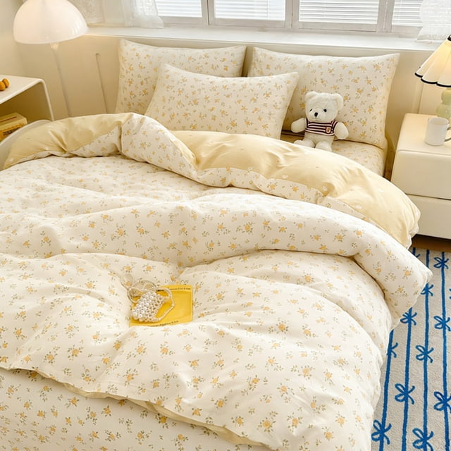 JOLUSERE 3PCS Yellow Roses Floral Duvet Cover King Set, Soft Orange Leaves Pattern Aesthetic Reversible Comforter Cover Set for Adults