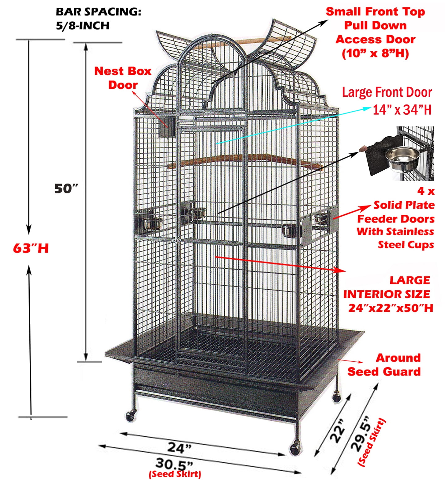 Large Elegant Wrought Iron Open/Close Dome Perch Play Top Stand Bird Parrot Rolling Cage, Include Metal Seed Guard Solid Metal Feeder Breeding Doors