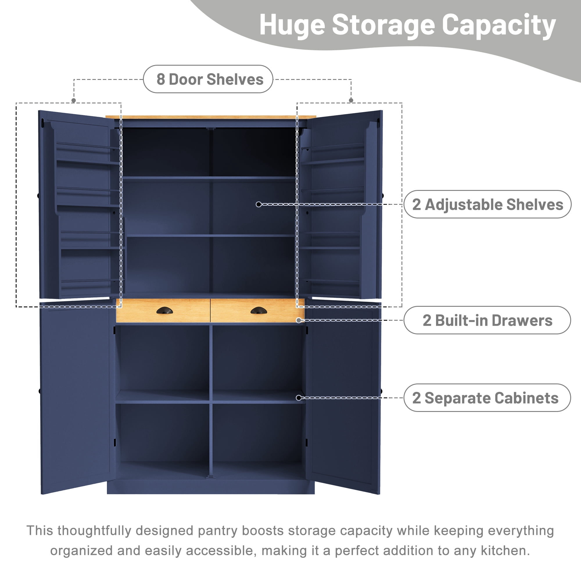 Harper & Bright Designs Farmhouse Kitchen Pantry Cabinet with Hutch, Tall Kitchen Storage Cabinet with Door and Drawer, Freestanding Hutch with Shelves, 71.3", Blue