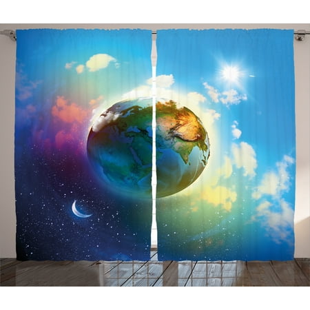 Apartment Decor Curtains 2 Panels Set, Earth Outer Space Scene in Vibrant Color Enchanted Cosmos Atmosphere Image, Window Drapes for Living Room Bedroom, 108W X 90L Inches, Blue Violet, by