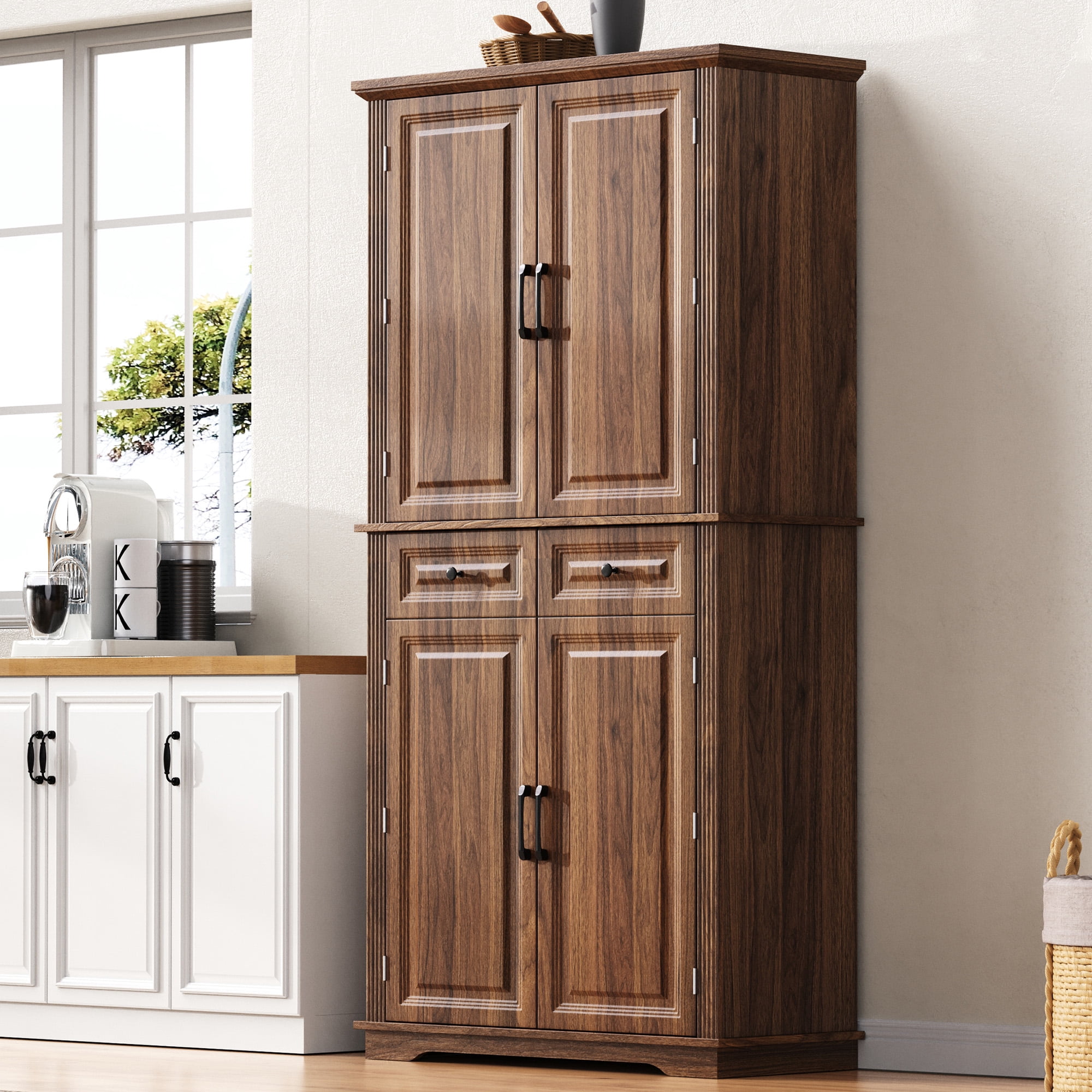 Mintazer 71" Tall Farmhouse Pantry Cabinet with Adjustable Shelves & 6 Door Shelves, Freestanding Storage Cabinet with 2 Drawers & 3 Pull-Out Organizers for Kitchen Dining Room Living Room, Brown