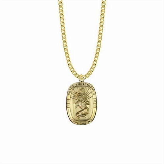 Singer Men's 1-3/16 Inch 14K Gold Over Sterling Silver Rounded Rectangle St. Christopher Medal, Patron Saint of Travelers with Stainless Steel Gold Plated 24" Chain, Style Saint