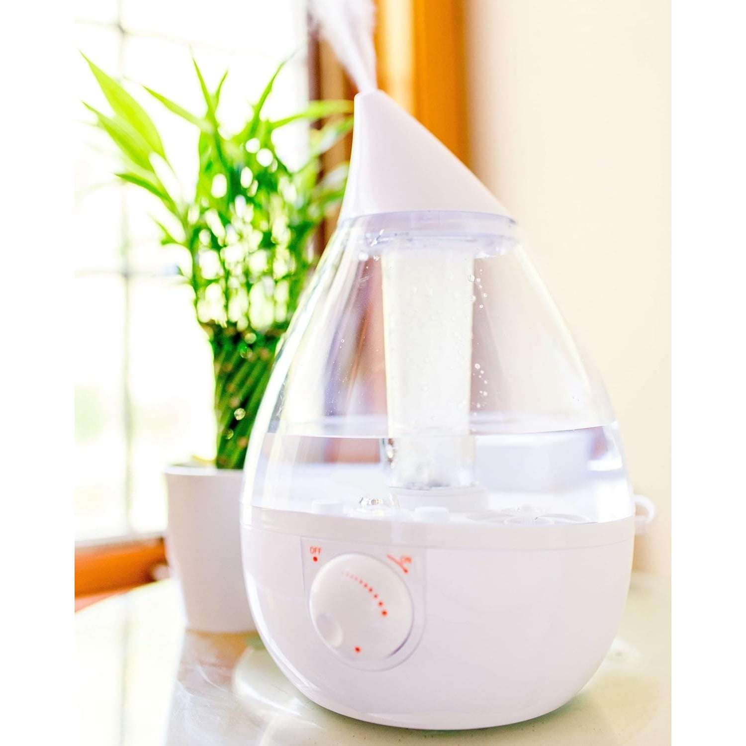 White Teardrop Ultrasonic Cool Mist Humidifier, 1 Gallon Auto Shut-Off for Large Room, Baby Nursery, Bedroom Office, Clear & White